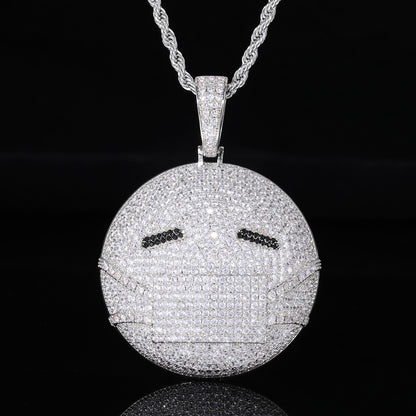 Emoji Face Hip Hop Pendant Necklace, Iced Out Zircon Charm, Rope Chain Style