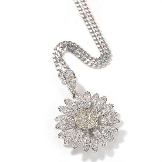 Sunflower Cubic Zirconia Pendant Necklace for Women – Hip Hop Statement Chain in Silver or Gold Tone, 24 Inch Twist or 3mm Cuban Chain