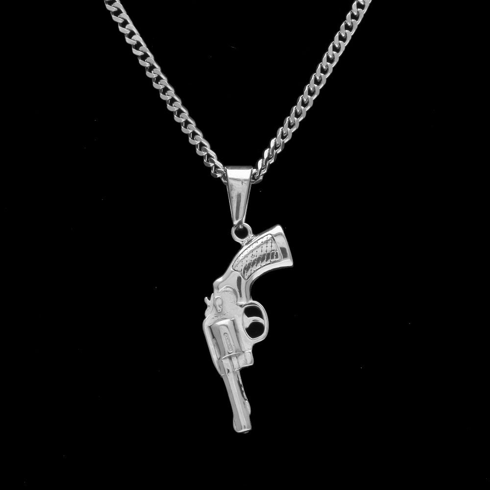Men’s Stainless Steel Revolver Pendant Necklace with 3mm Cuban Chain in Silver Tone