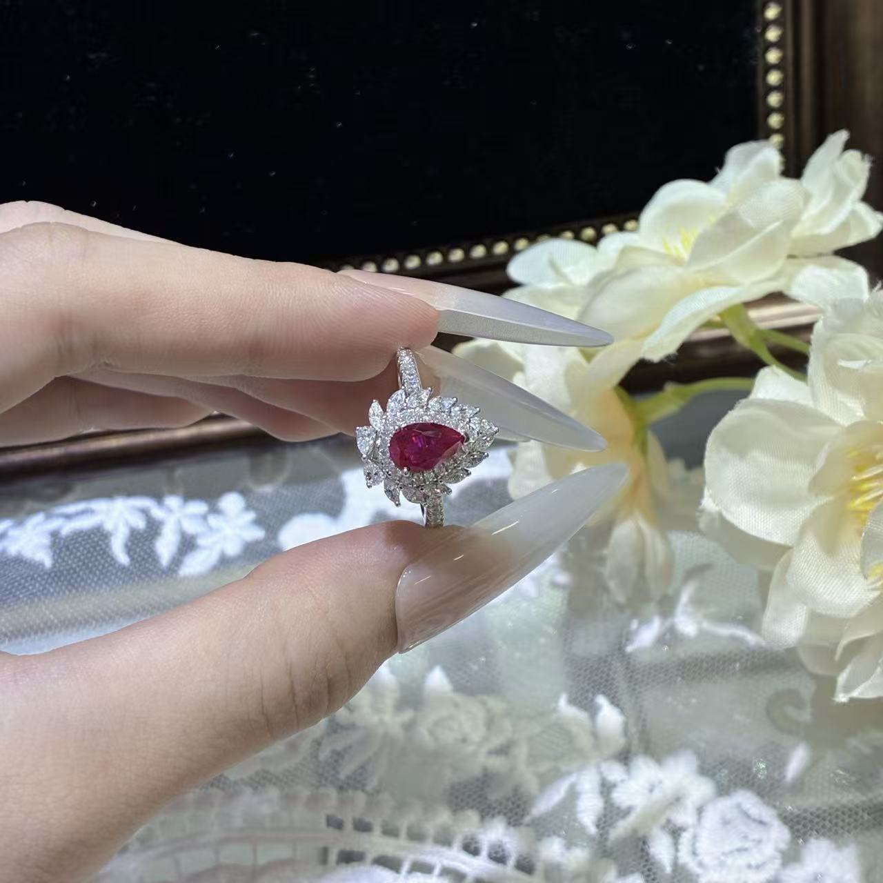 S925 Sterling Silver Lab-Grown Ruby Halo Ring for Women, Teardrop Floral Pavé Ring product image