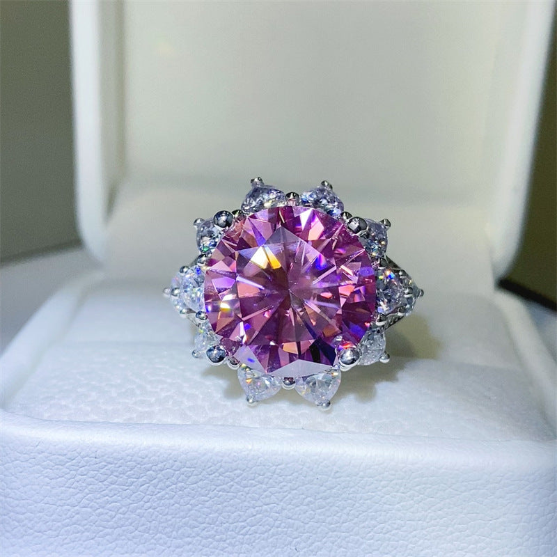 Pink Moissanite Halo Ring for Women, Round Statement Engagement Ring, 3 Carat or 10 Carat, Sizes 9-20 product image