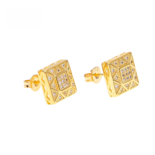 Men’s Square Stud Earrings in Gold & Silver Tone with Crystal Detail – Geometric Statement Earrings