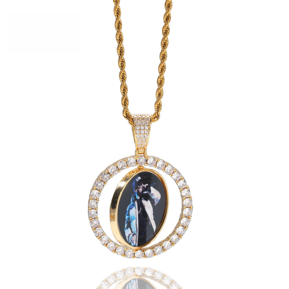 Custom Rotating Photo Pendant Necklace with Cubic Zirconia Circle Frame & 24 Inch Twist Chain product image
