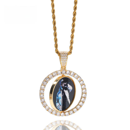 Custom Rotating Photo Pendant Necklace with Cubic Zirconia Circle Frame & 24 Inch Twist Chain
