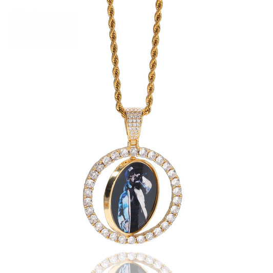 Custom Rotating Photo Pendant Necklace with Cubic Zirconia Circle Frame & 24 Inch Twist Chain