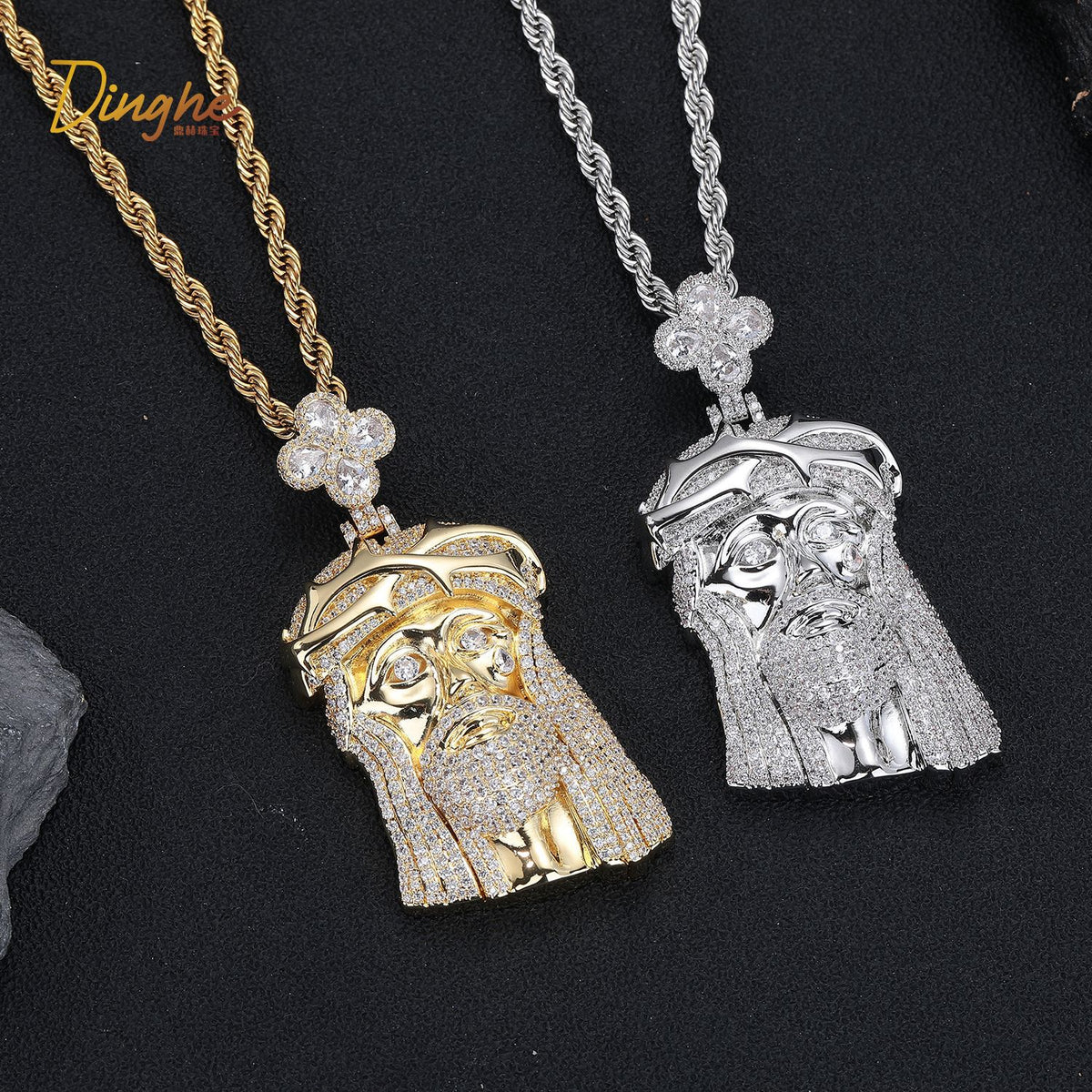 Rhinestone Face Pendant Necklace, Hip Hop Rope Chain Jewelry product image