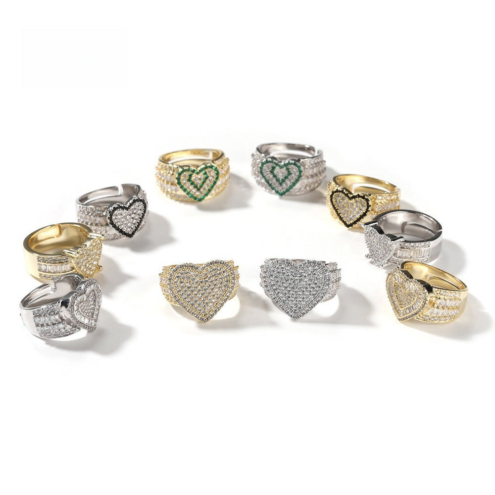 Unisex Hip Hop Heart Ring with Cubic Zirconia in Gold or Silver Tone