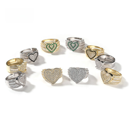 Unisex Hip Hop Heart Ring with Cubic Zirconia in Gold or Silver Tone