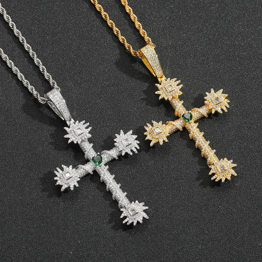 Vintage Light Luxury Cross Heart Cubic Zirconia Pendant Necklace for Men and Women