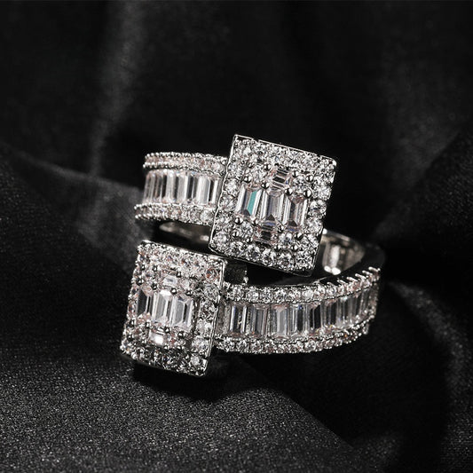 Unisex Square Halo Cubic Zirconia Ring in Gold or Silver Tone, Hip Hop Statement Band