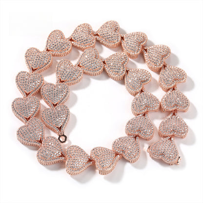Iced Heart Chain Necklace with Cubic Zirconia Pendant Link Design for Women & Men