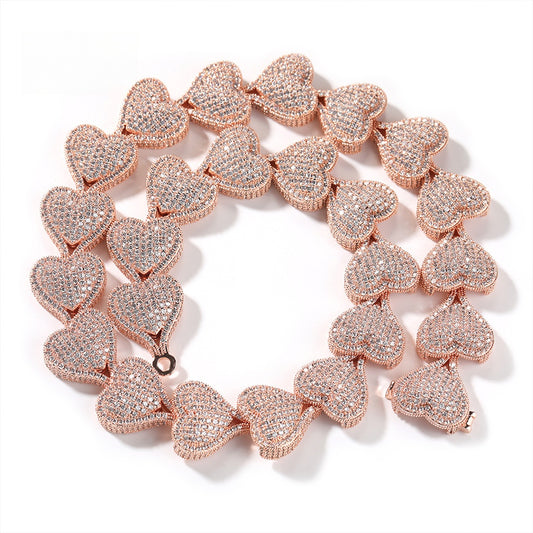 Iced Heart Chain Necklace with Cubic Zirconia Pendant Link Design for Women & Men