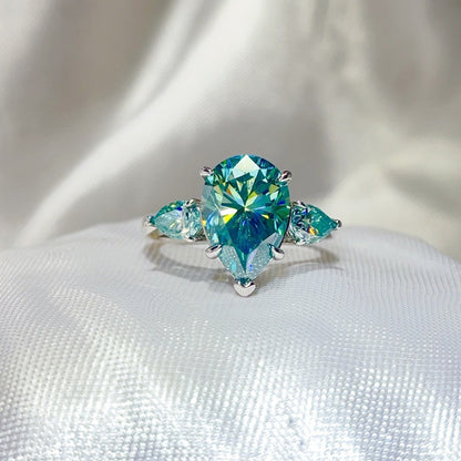Green Pear Cut Moissanite Ring for Women, 6 Carat Three Stone Engagement Ring