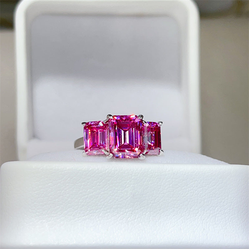 Pink Emerald Cut 5 Carat 3-Stone Moissanite Ring for Women, VVS1 Geometric Engagement Ring product image