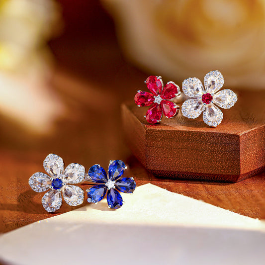 Vintage Flower Ring in 925 Silver, Lab-Grown Gemstone Floral Design product image