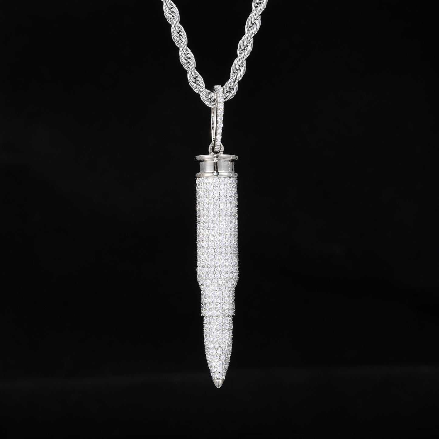 Pavé Bullet Pendant Necklace, Zircon Rope Chain Hip Hop Pendant, White/Yellow Tone product image