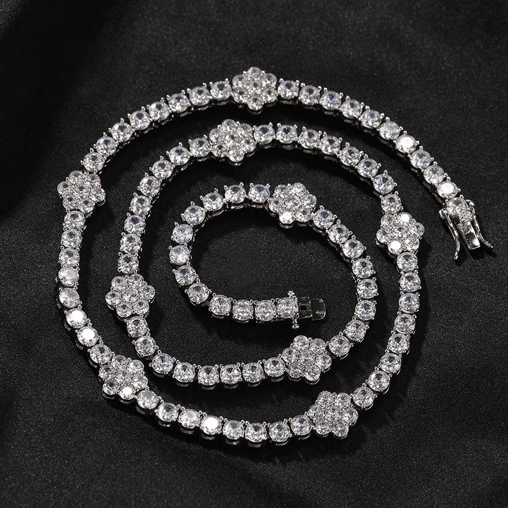 Unisex Iced Out Cubic Zirconia Flower Chain Bracelet & Necklace Set in Gold or Silver Tone product image