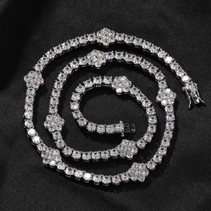 Unisex Iced Out Cubic Zirconia Flower Chain Bracelet & Necklace Set in Gold or Silver Tone