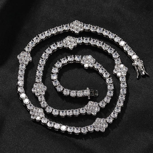 Unisex Iced Out Cubic Zirconia Flower Chain Bracelet & Necklace Set in Gold or Silver Tone