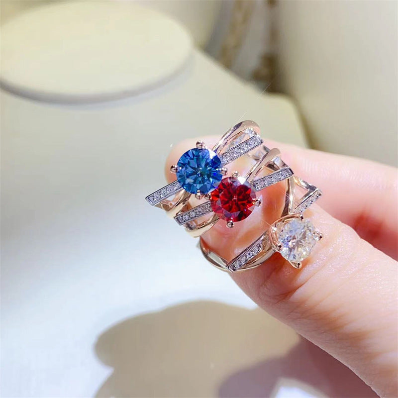 1 Carat Moissanite Ring for Women, U Shape Engagement Ring with White, Red or Blue Center Stone product image