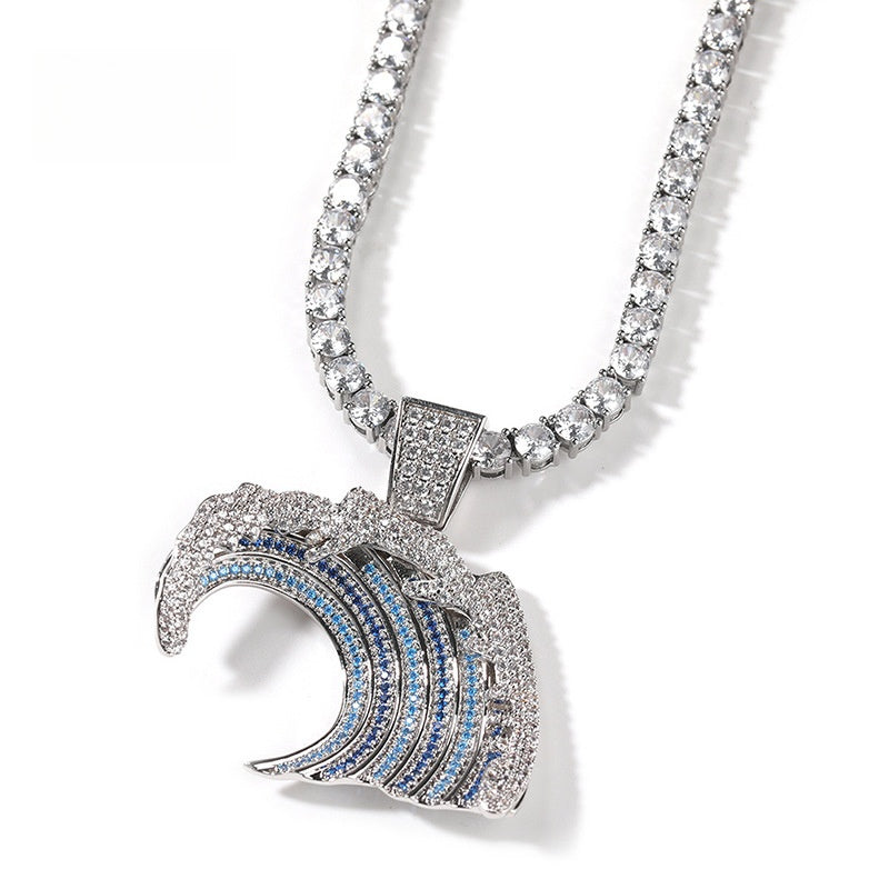 Iced Wave Pendant Necklace with Twisted Chain for Women – Hip Hop Statement Cubic Zirconia Chain in Gold or Silver