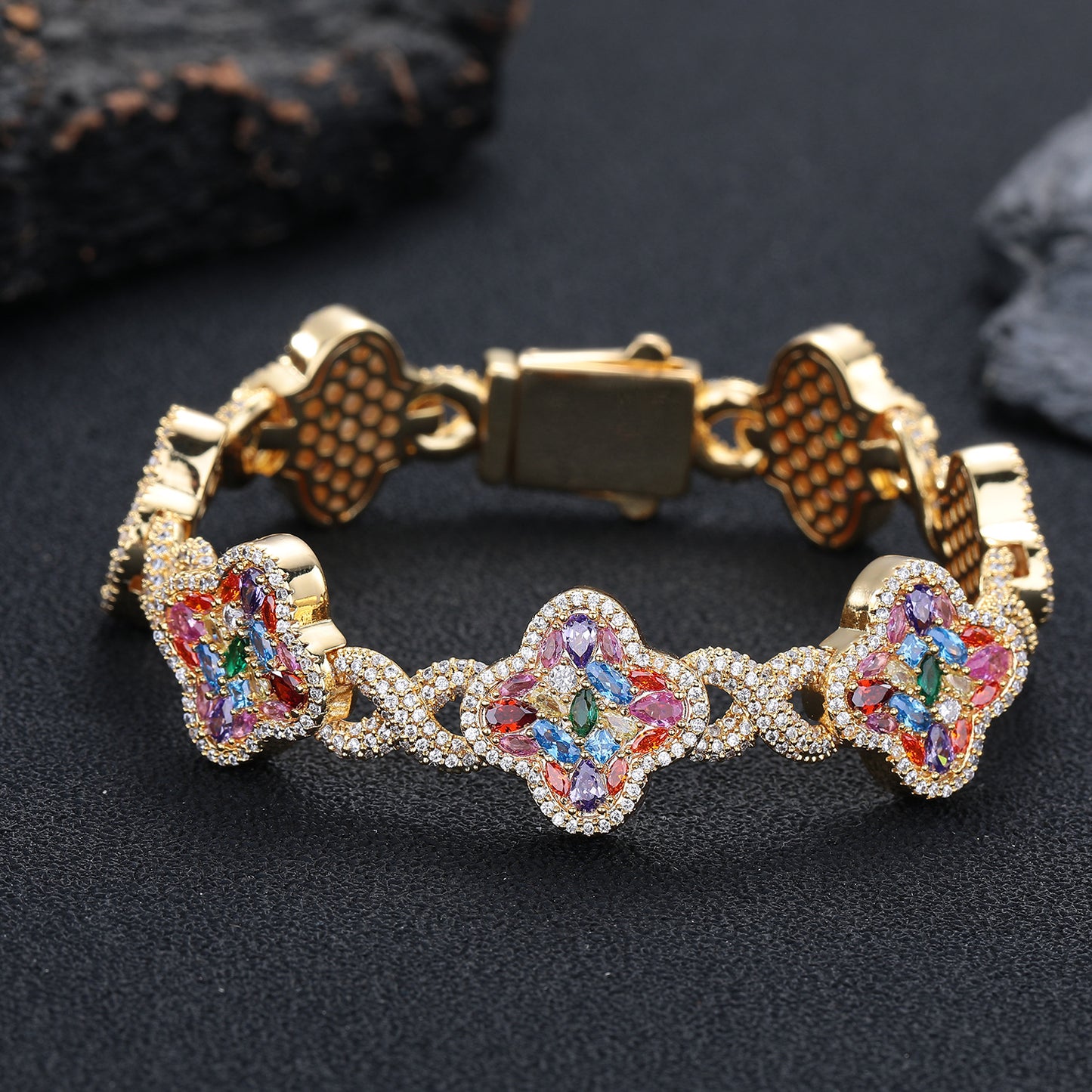 Multicolor Clover Crystal Bracelet for Women, Pave Floral Link Bracelet