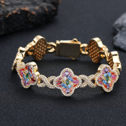 Multicolor Clover Crystal Bracelet for Women, Pave Floral Link Bracelet