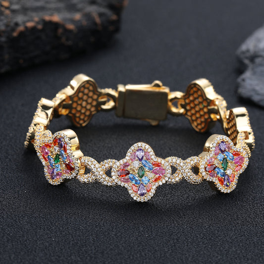 Multicolor Clover Crystal Bracelet for Women, Pave Floral Link Bracelet