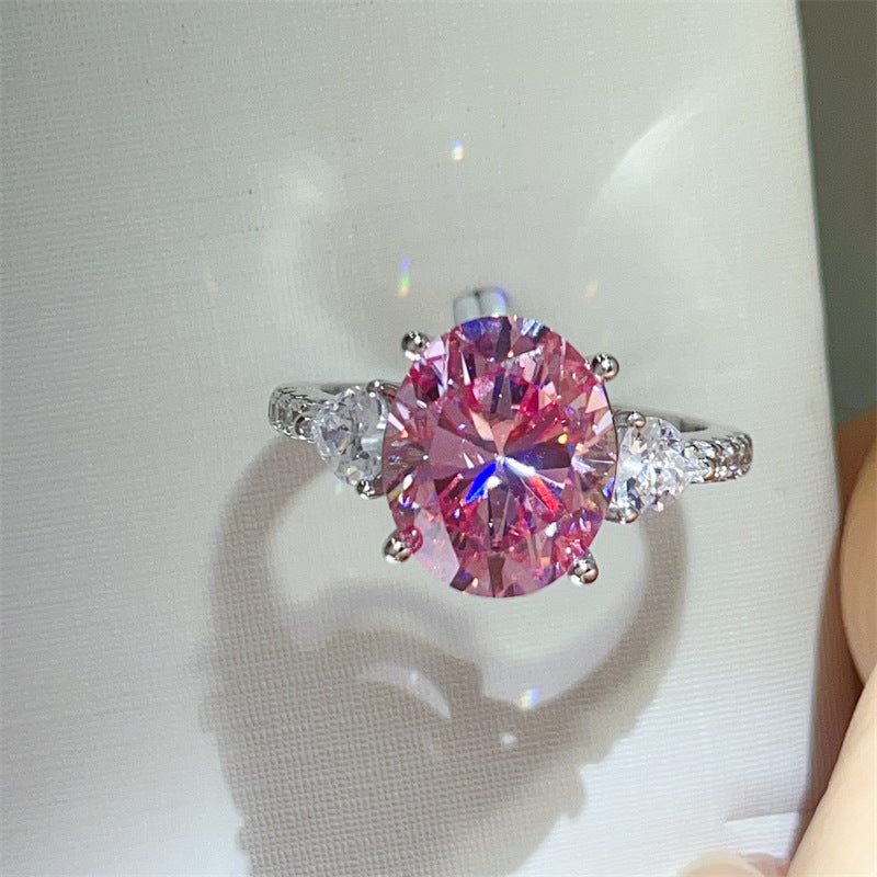 Pink Oval Moissanite Ring for Women, 5 Carat Three-Stone Engagement Ring with Side Accents product image