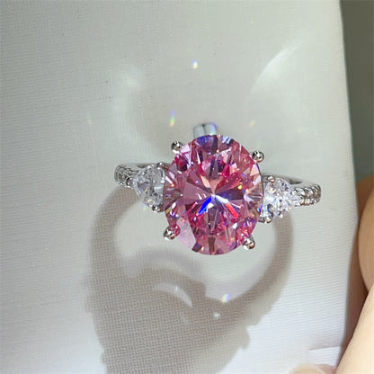 Pink Oval Moissanite Ring for Women, 5 Carat Three-Stone Engagement Ring with Side Accents