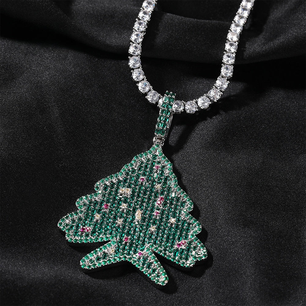 Iced Out Christmas Tree Pendant Necklace for Women – Cubic Zirconia Hip Hop Statement Chain, White Holiday Tree Charm with 24 Inch Twist Chain