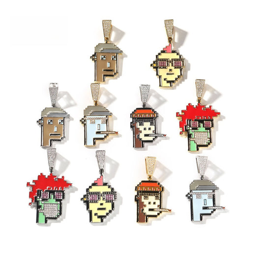 Cartoon Pixel Face Pendant Necklace with Cubic Zirconia Twisted Chain for Women and Teen Girls