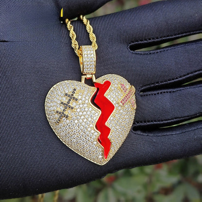 Iced Out Broken Heart Pendant Necklace Unisex Hip Hop Statement Chain
