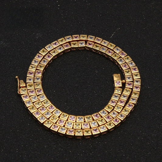 Unisex Square Cubic Zirconia Tennis Necklace - Gold Plated, Silver Plated or Multicolor Pendant Chain, 18-24 Inch Statement Jewelry