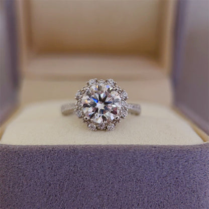 VVS Moissanite Halo Ring for Women, Floral Starburst Engagement Ring, D Color 1 Carat or 2 Carat Promise Ring