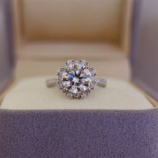 VVS Moissanite Halo Ring for Women, Floral Starburst Engagement Ring, D Color 1 Carat or 2 Carat Promise Ring