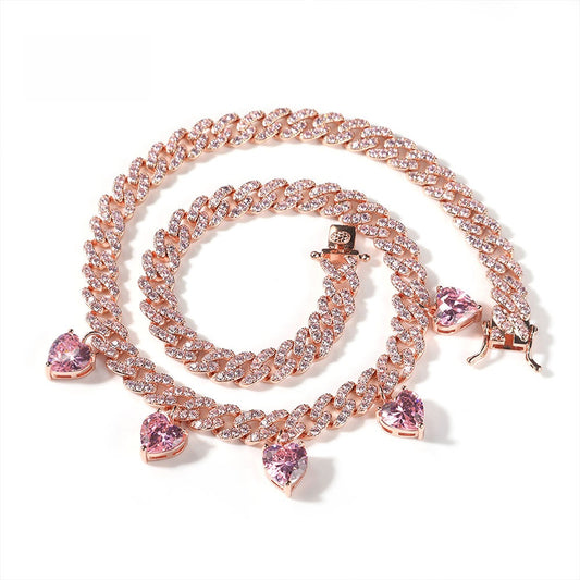 Unisex Heart Charm Cuban Link Necklace with Cubic Zirconia Pendant Chain in Gold, Silver & Rose Gold