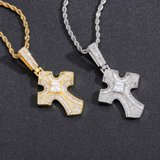 Vintage Light Luxury Cross Square Cubic Zirconia Pendant Necklace for Men and Women