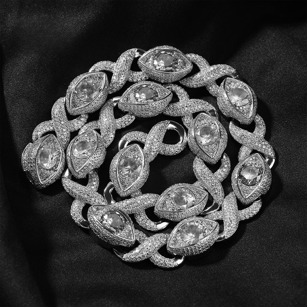 Iced Eye Cuban Link Chain Necklace Bracelet for Men in Silver Tone with Cubic Zirconia Pendant Detail product image