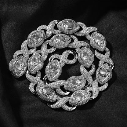 Iced Eye Cuban Link Chain Necklace Bracelet for Men in Silver Tone with Cubic Zirconia Pendant Detail