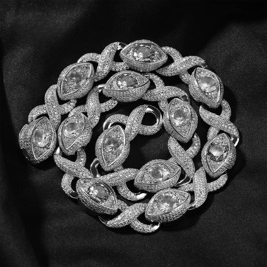 Iced Eye Cuban Link Chain Necklace Bracelet for Men in Silver Tone with Cubic Zirconia Pendant Detail