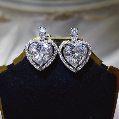 Heart Moissanite Halo Stud Earrings - 10 Carat D Color Heart Earrings for Wedding, Evening & Gift Giving