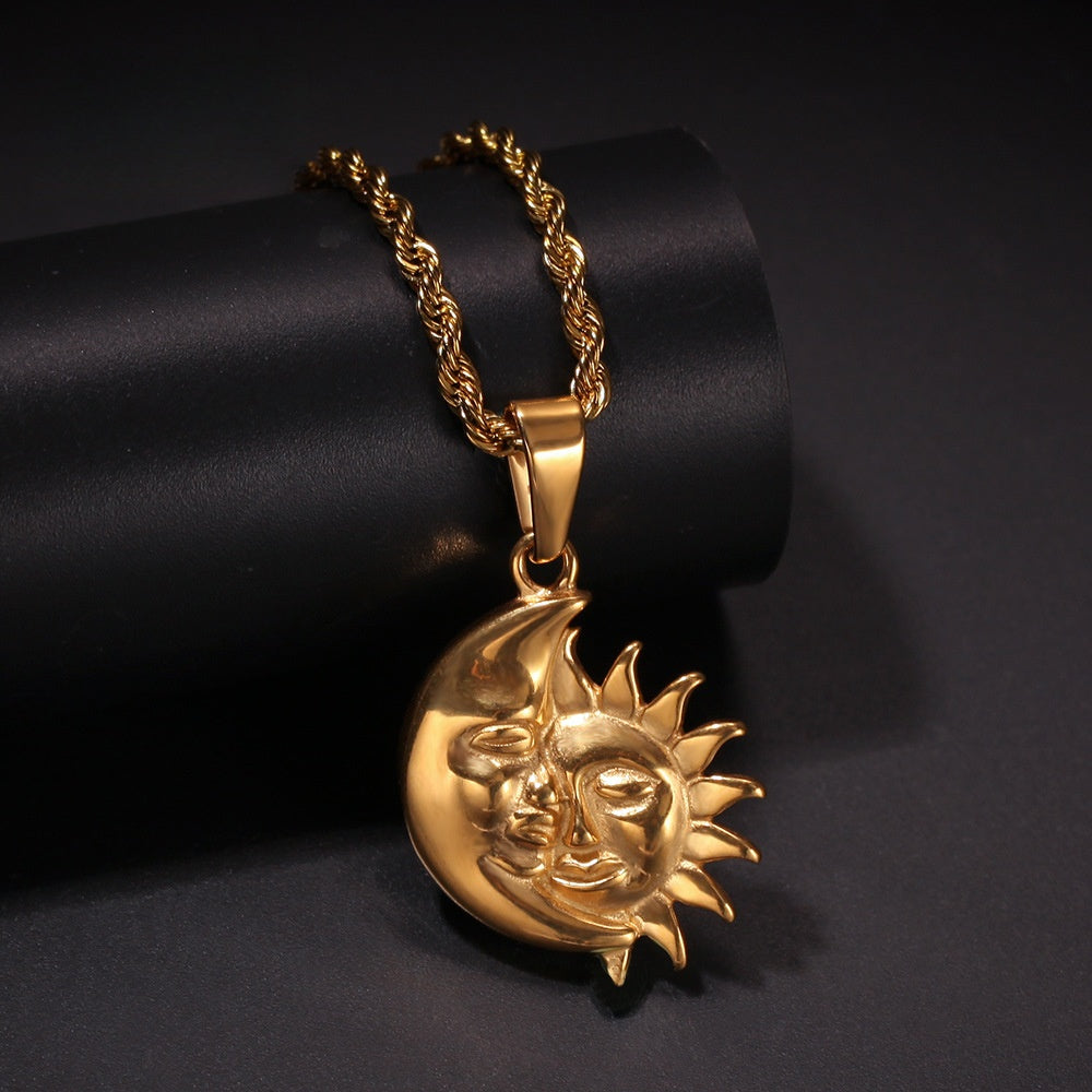 Gold Plated Stainless Steel Sun Moon Pendant Necklace with Cuban Chain, Statement Celestial Jewelry for Women product image