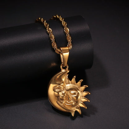 Gold Plated Stainless Steel Sun Moon Pendant Necklace with Cuban Chain, Statement Celestial Jewelry for Women
