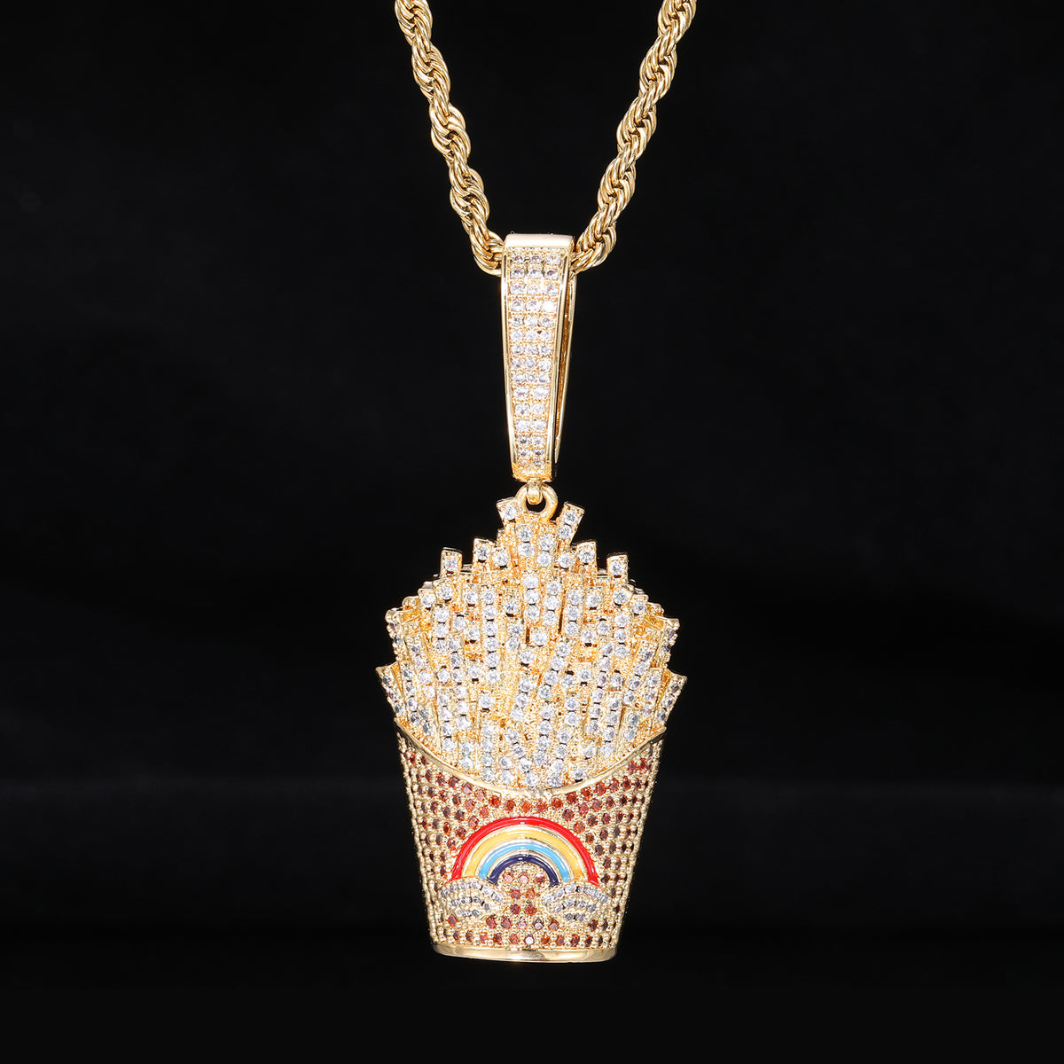 Iced Fry Pendant Necklace with Zircon Detail and Rope Chain product image