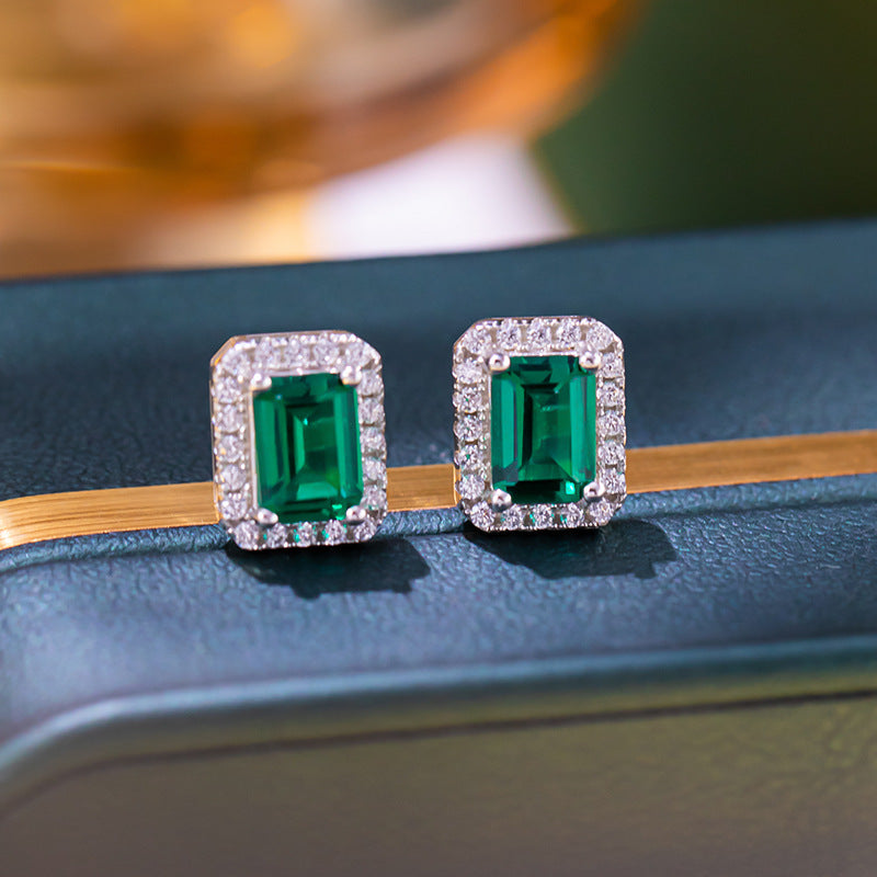 Lab-Grown Emerald Octagon Halo Stud Earrings for Women, S925 Silver product image
