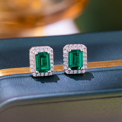 Lab-Grown Emerald Octagon Halo Stud Earrings for Women, S925 Silver