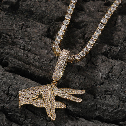 Men’s Iced Out Hand Gesture Pendant Necklace with Cubic Zirconia Twisted Chain