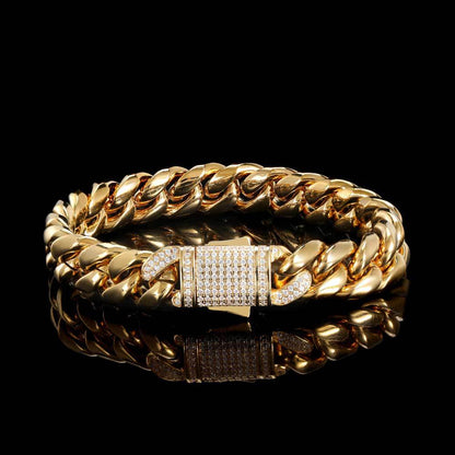 10-12 mm Polished Cuban with Stone-Accent Clasp Hip Hop Bracelet with Stainless steel Base - CHA024