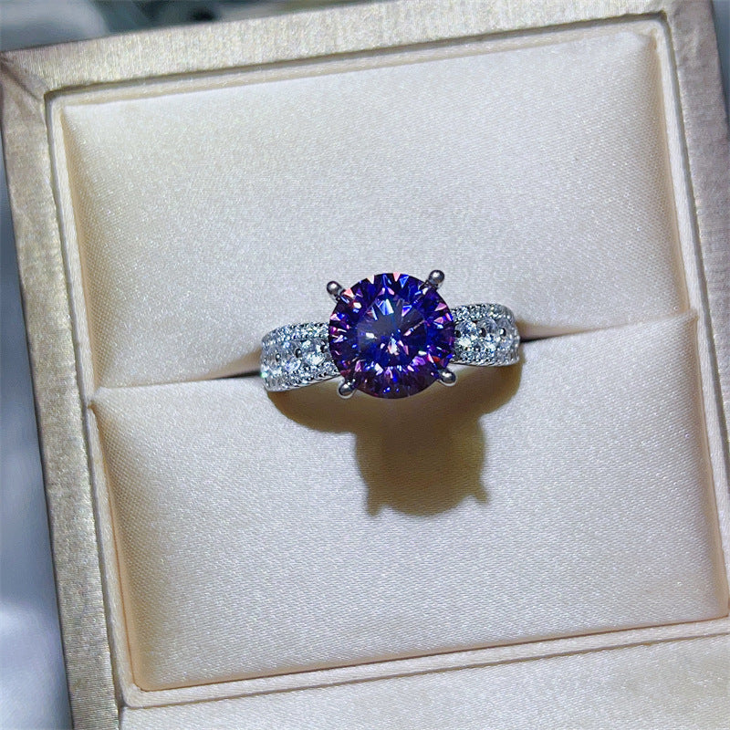 Purple Moissanite Ring for Women, Round Cut Engagement Ring with Pavé Band product image